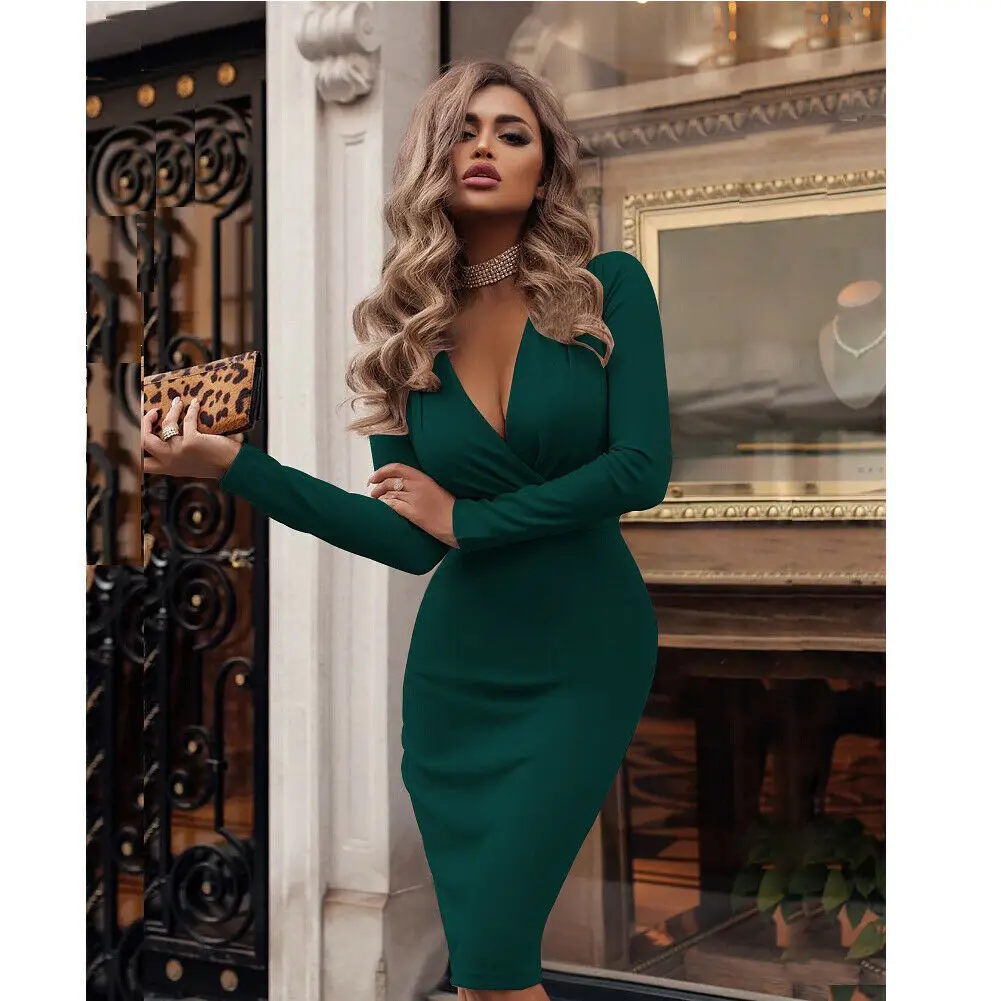 Женское сексуальное облегающее платье с глубоким v-образным вырезом и длинным