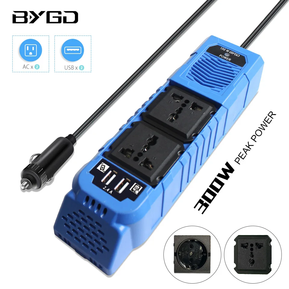 

BYGD 150W DC12V to AC220V/230V/240V Car Power Inverter Voltage Converter with Europe/Universal Socket 2.4A USB Quick Charge Port