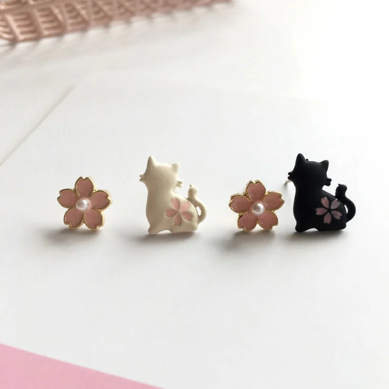 

Asymmetric Cat Flower Stud Earrings Fashion Accessories 2021