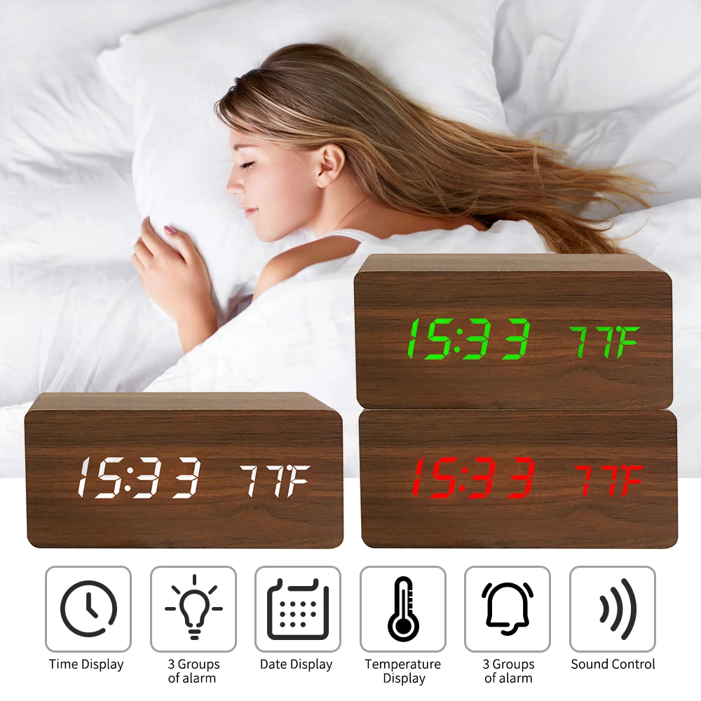 Деревянные электронные часы будильник светящиеся Тихая температура двойной