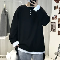 2021 spring and autumn new long sleeved t shirt mens korean loose ins tide brand round neck fake two piece bottoming top black