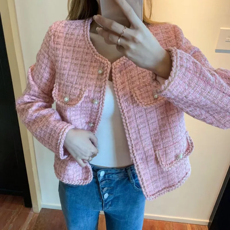 

French Small Fragrance Tweed Jacket Coat 2021 New Autumn Winter Vintage Plaid Woolen Short Coat Ladies Casual Outerwear Tops