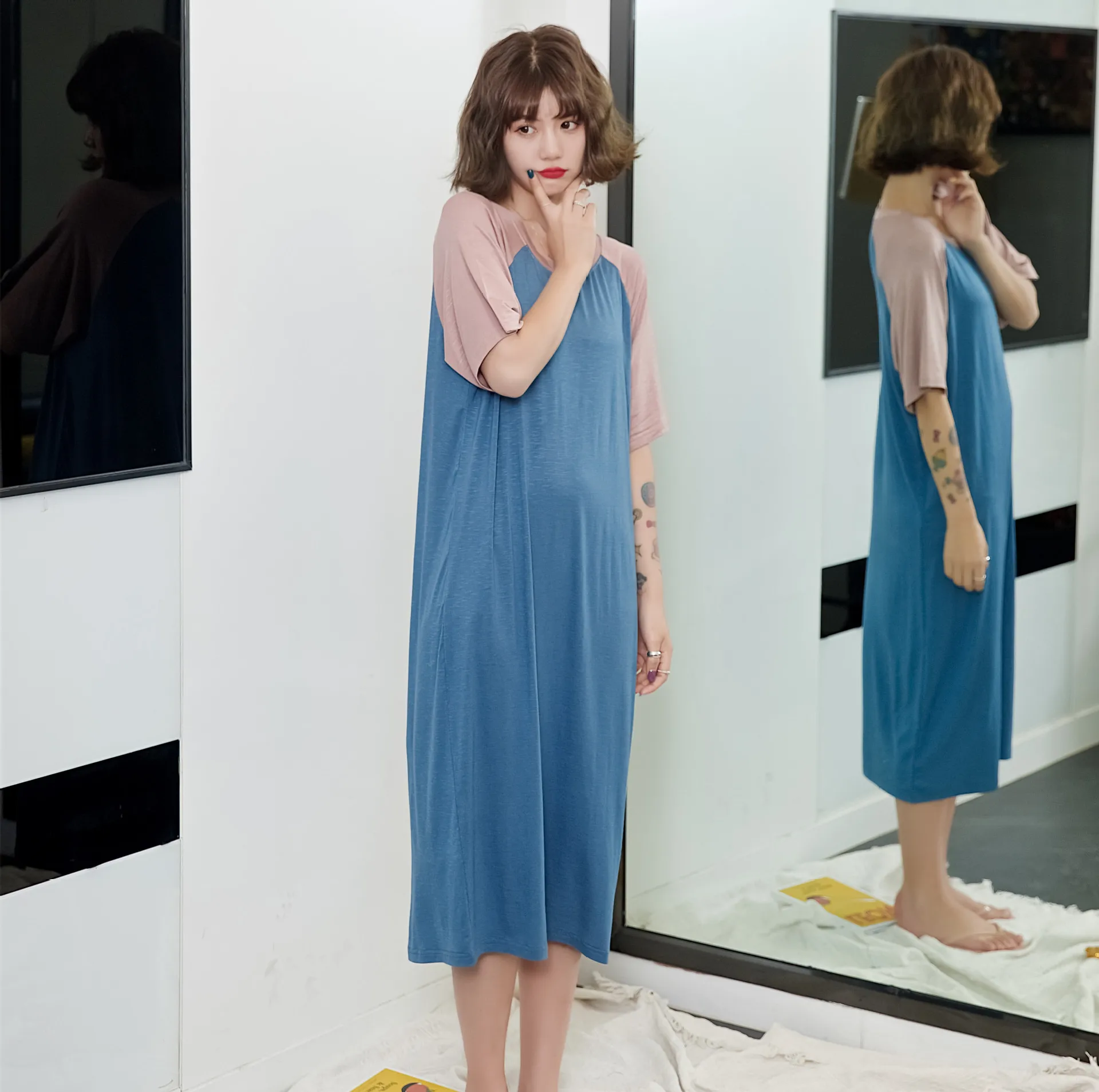 Супердлинная женская ночная рубашка летняя Корейская тонкая Модальная