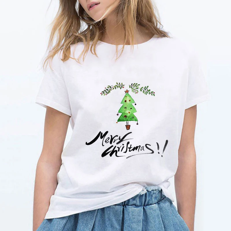 

MAY LOVELY HAPPY TIMES Christmas Tree Print Harajuku T Shirt Women Casual Kawaii Plus Size Hip Hop Camiseta Mujer Female T-shirt
