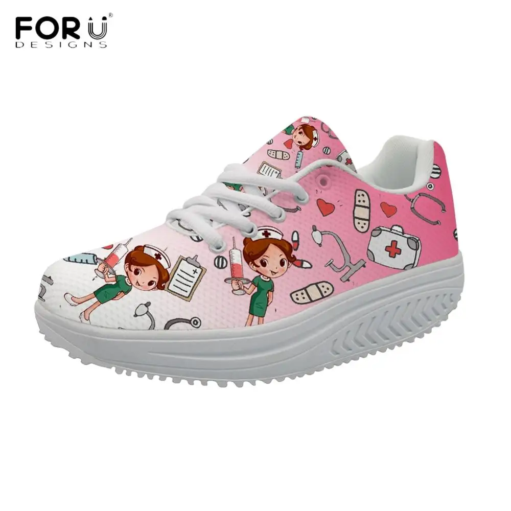 

FORUDESIGNS White and Pink Gradient Nurse Printed Women Shoes Fitness Walking Footwear Height Increasing Wedge Slimming Sneakers