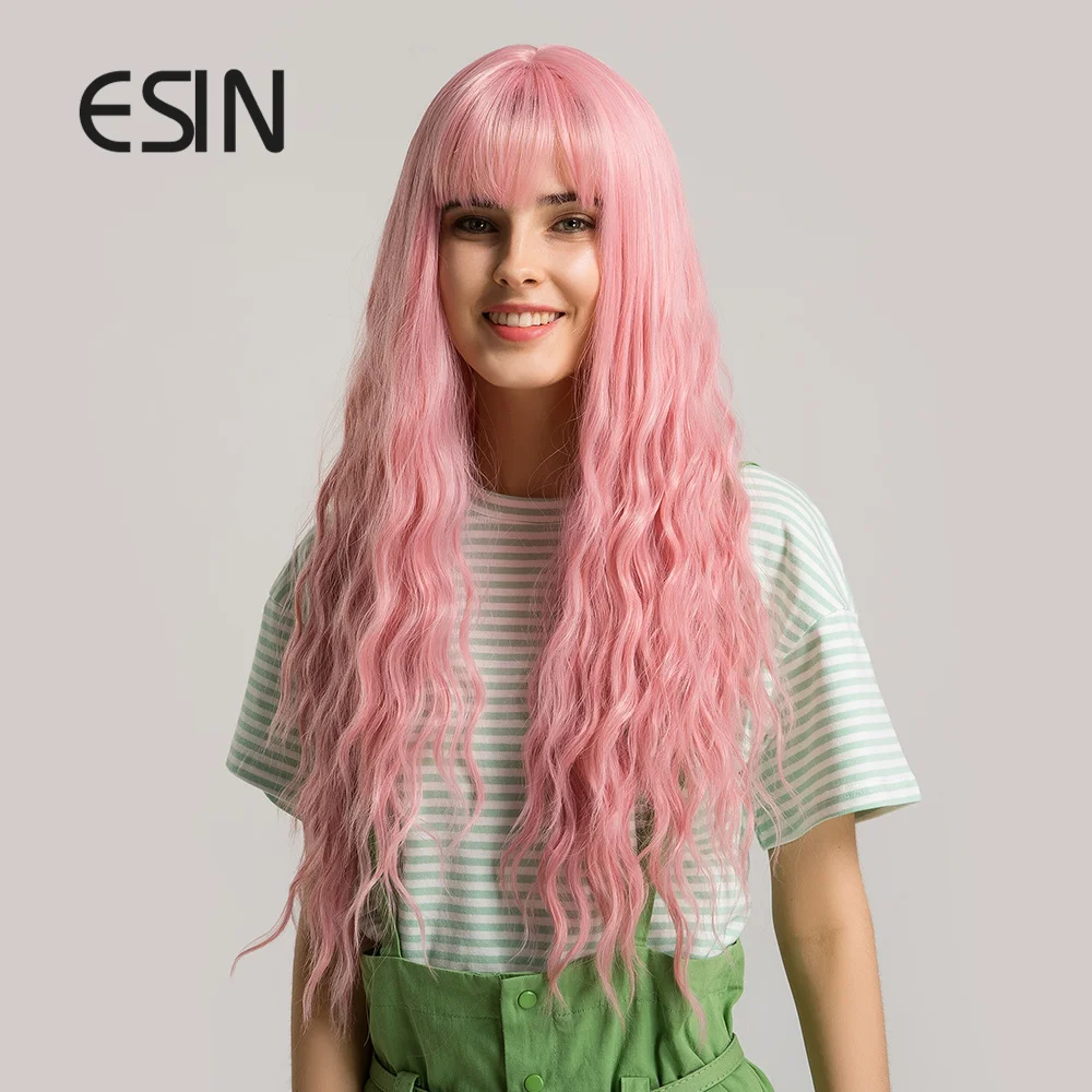 ESIN розовые синтетические волосы парики с челкой длинный волнистый парик для