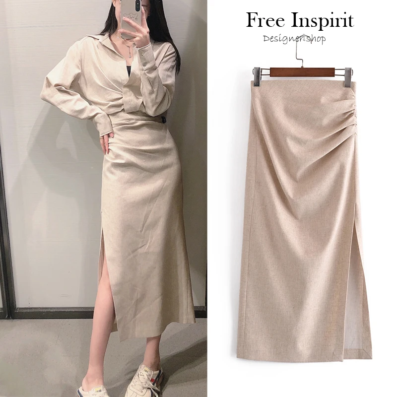 

Spring New Women's Sexy Skirt Solid Color A-line High Waist Design Pleating Decorate Solid Color Full Skirt Women Linen Pleated