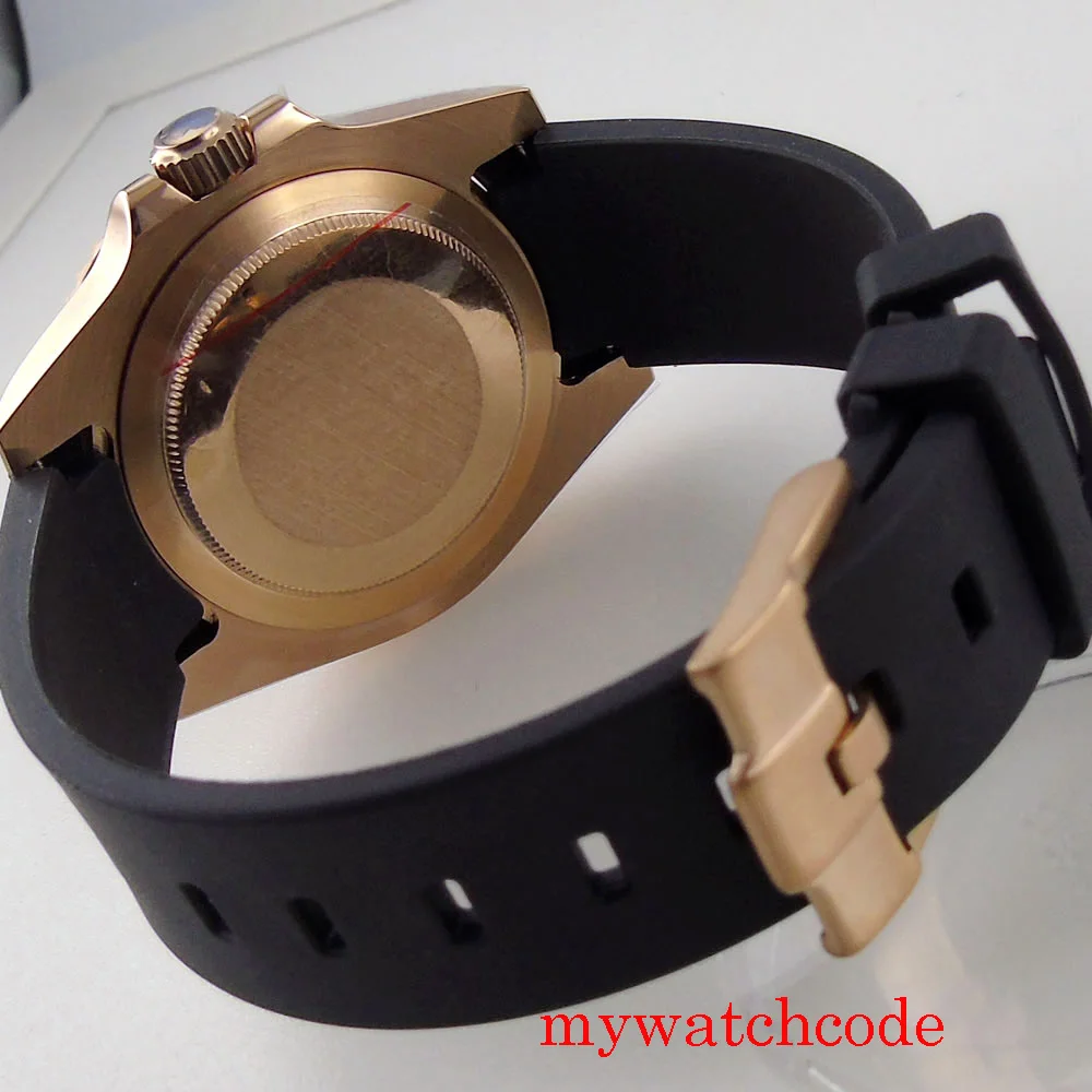 

Top MIYOTA 8215 40mm Bliger Sterile Rose Gold Plated Sapphire Crystal Automatic Men Watches Rubber Strap Rotating Bezel