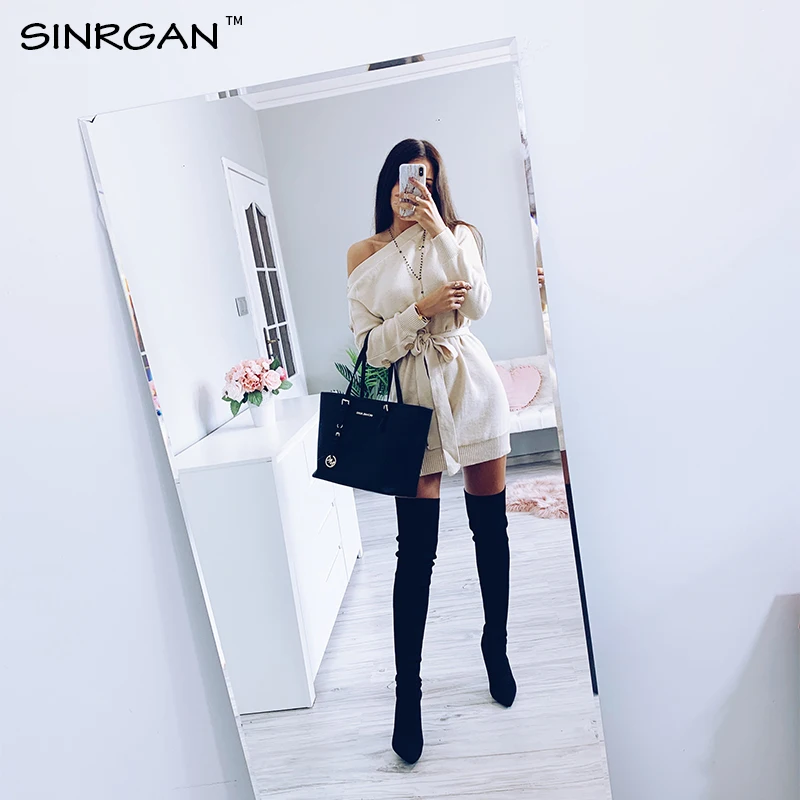 SINRGAN/черное трикотажное платье-свитер на одно плечо; женские пуловеры на пуговицах со шнуровкой; свободная уличная одежда; один размер