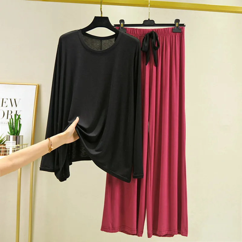 

Pyjama Femme New Plus Size Loose Sleepwear Spring Autumn Pajamas For Women Wide Leg Pant + T Shirt Two Piece Set Winter Pijamas