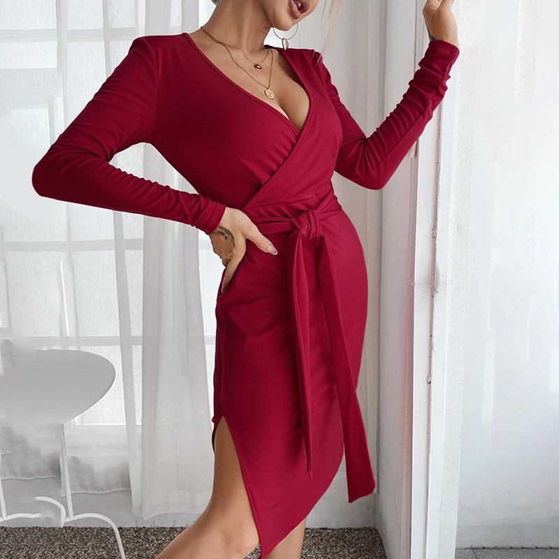 

Осень 2021, облегающее платье средней длины с разрезом на Подоле и длинным рукавом, с поясом, красное вечерние кантное вечернее платье, женски...