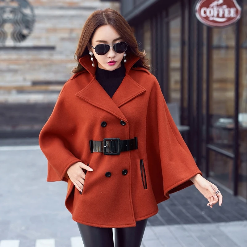

Women Autumn Woolen Shawl Cape Poncho Coat Sashes Korean Winter Long Sleeve Oversize Windbreaker Vintage Female Outwear Overcoat