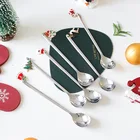 Новогодние металлические кофейные ложки на Рождество, украшения для праздвечерние, Рождество украшения для чайной церемонии, десертная ложка с длинной ручкой