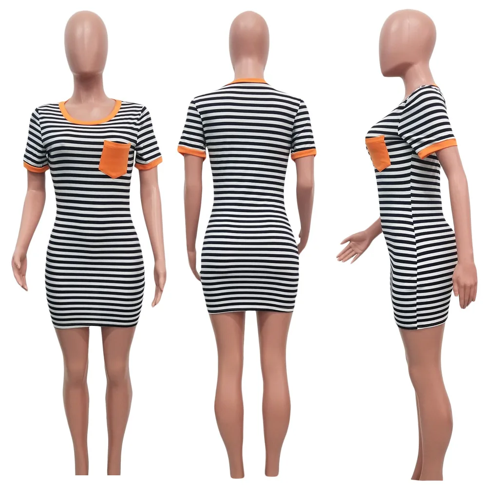 

Round Neck Short Sleeve Striped Women Casual Dresses With Front Pockets Mini Dresses