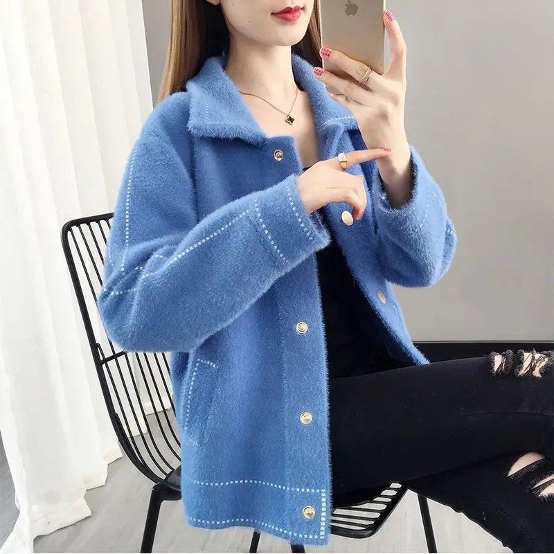 

Women 2021 Autumn Winter New Mink Velvet Jackets Female Solid Color Knitted Coats Ladies Short Sweater Cardigan Overcoats M295
