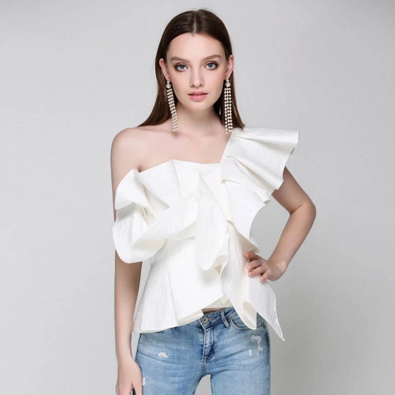 QUALITY Newest HIGH 2021 Designer Blouse Tops Women's One Shoulder Asymmetrical Ruffle Blouse Shirt