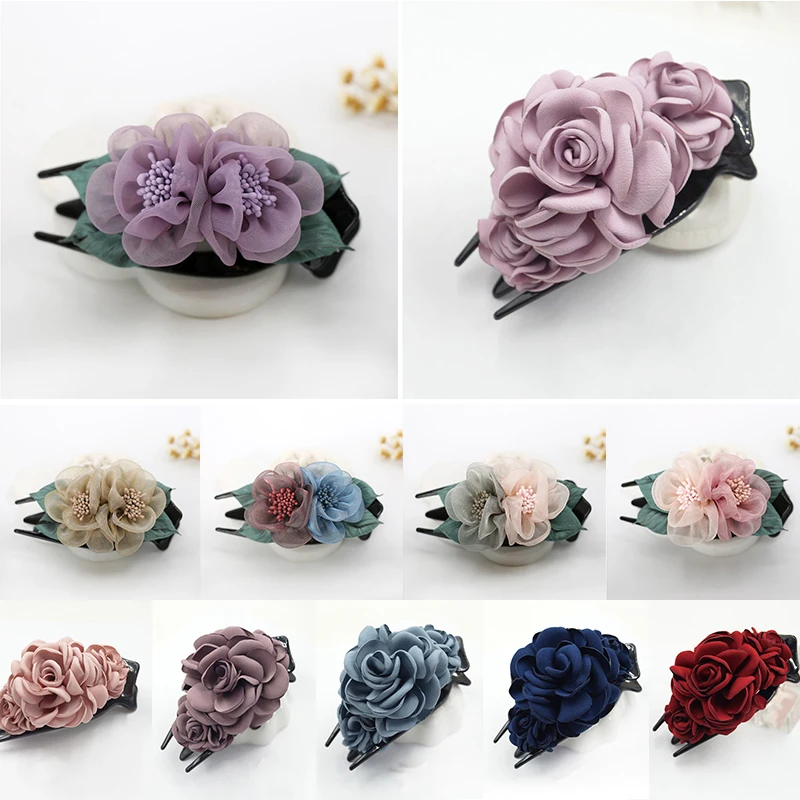 

1PC Spun Yarn Double Floral Barrettes Fashion Women Hair Claw Cloth Rose Flower Sweet Elegant Ladies Duckbill Hair Clip