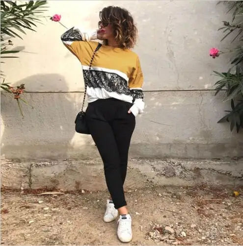 

NEW Arrival New Women Ladies Long Sleeve Hoodie Blouse Hooded Pullover Casual Loose Patchwork Lace Top Blouse Women