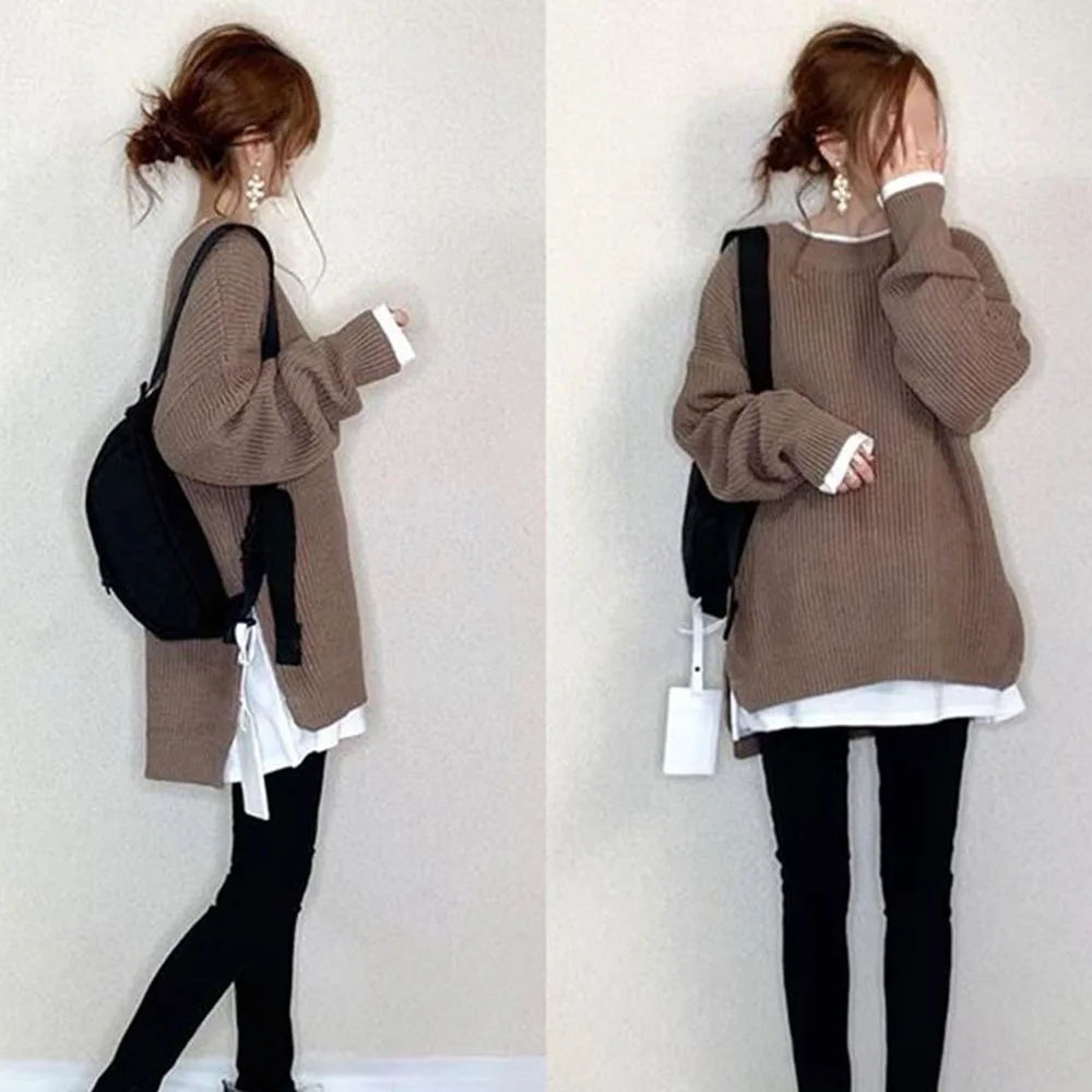 

Coffee Pullover Jumper Jersey Women Casual Streetwear Knitted Top Winter Autumn Clothes Korean Female Oversized Fashion Sweater