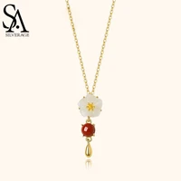 sa silverage camellia natural jade s925 silver red flower pendant necklace 2021 new female jade clavicle chain summer gift agate
