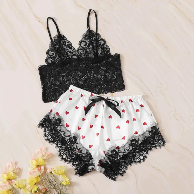 

Sexy Lingerie Underwear Set Women Satin Lace Print Camisole Shorts Bow Set Sleepwear Pajamas Two-piece Suit dropshipping