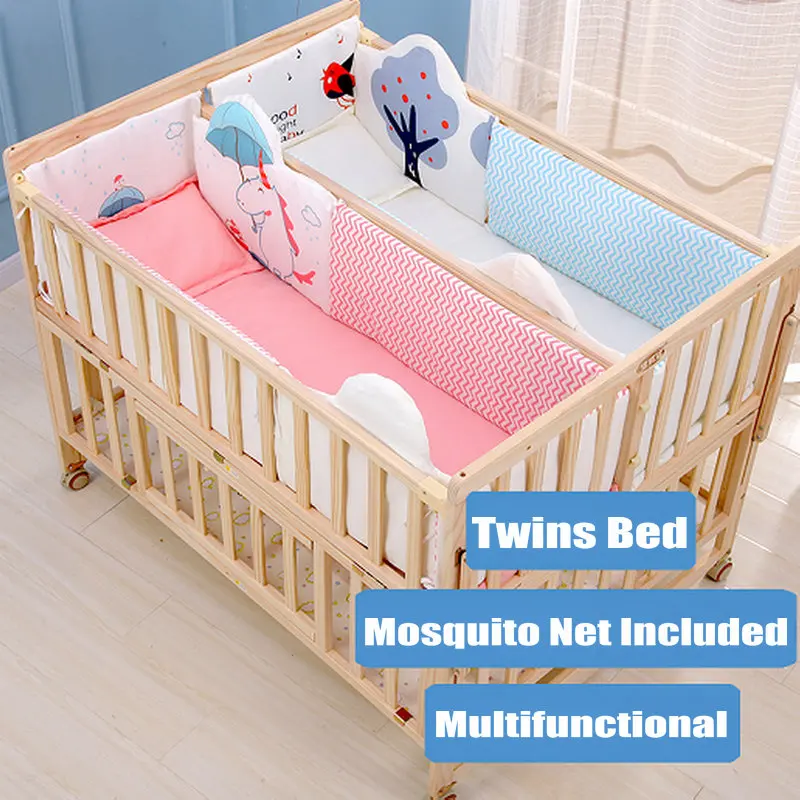 Multifunctional Pine Wood Twins Cot With Quilt Set & Mosquito Net, Crib Can Extend and Joint Adult Bed