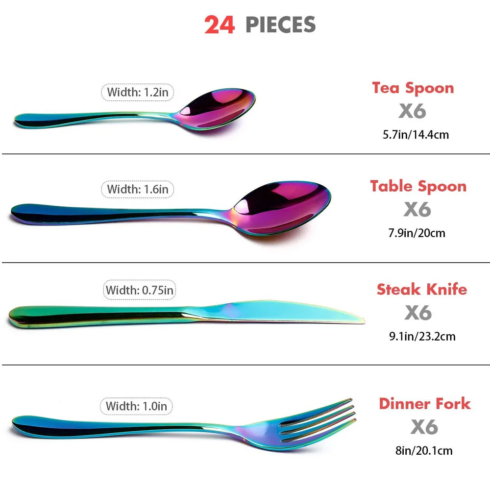 24 PCS Flatware Set Cutlery Stainless Steel Dinnerware Rainbow Colorful Silverware Tableware Hotel Party Kitchen Gift Talher | Дом и сад