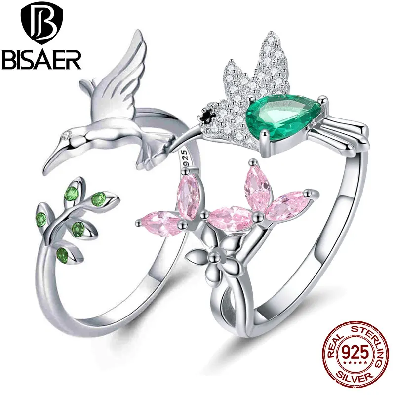BISAER 925 пробы Серебряная птица Колибри поздравление регулируемый палец женские Кольца для женщин Рождественский подарок режим Bijoux GXR323
