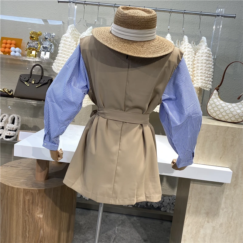 

New 2021 Light Mature Temperament Lace Up Waist Lapel Vest + Versatile Casual Loose Pinstripe Long Sleeve Shirt Two Piece Suit