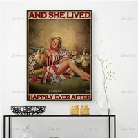 gardener gardening girl girl and wine poster and she lived happily ever after wall art prints home decor canvas floating frame