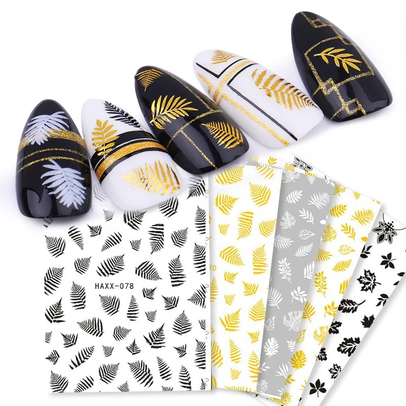 

1 Sheet Black White 3D Bronzing Nail Art Stickers Flower Leaf Tree Green Sliders Summer DIY Decals for Nail Art Decoration