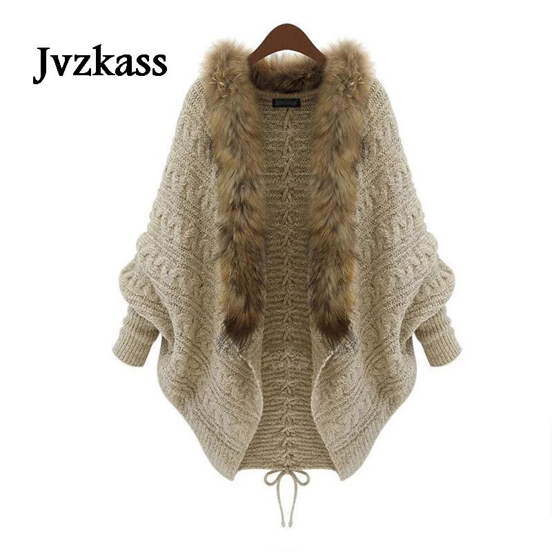 

Jvzkass 2019 autumn and winter new large size women's knit cardigan bat sleeve fur collar coat loose Z331