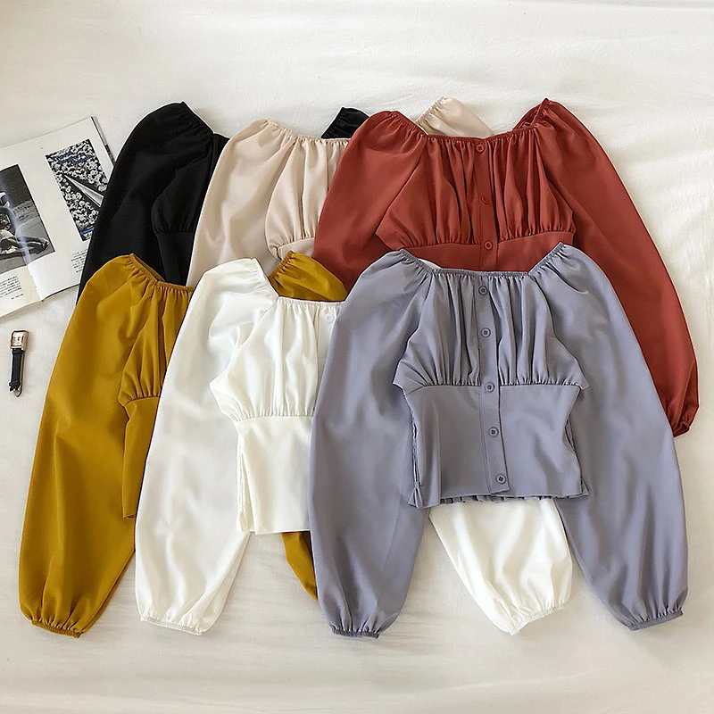 Короткие стильные однотонные женские блузки рубашки однобортные с рукавом