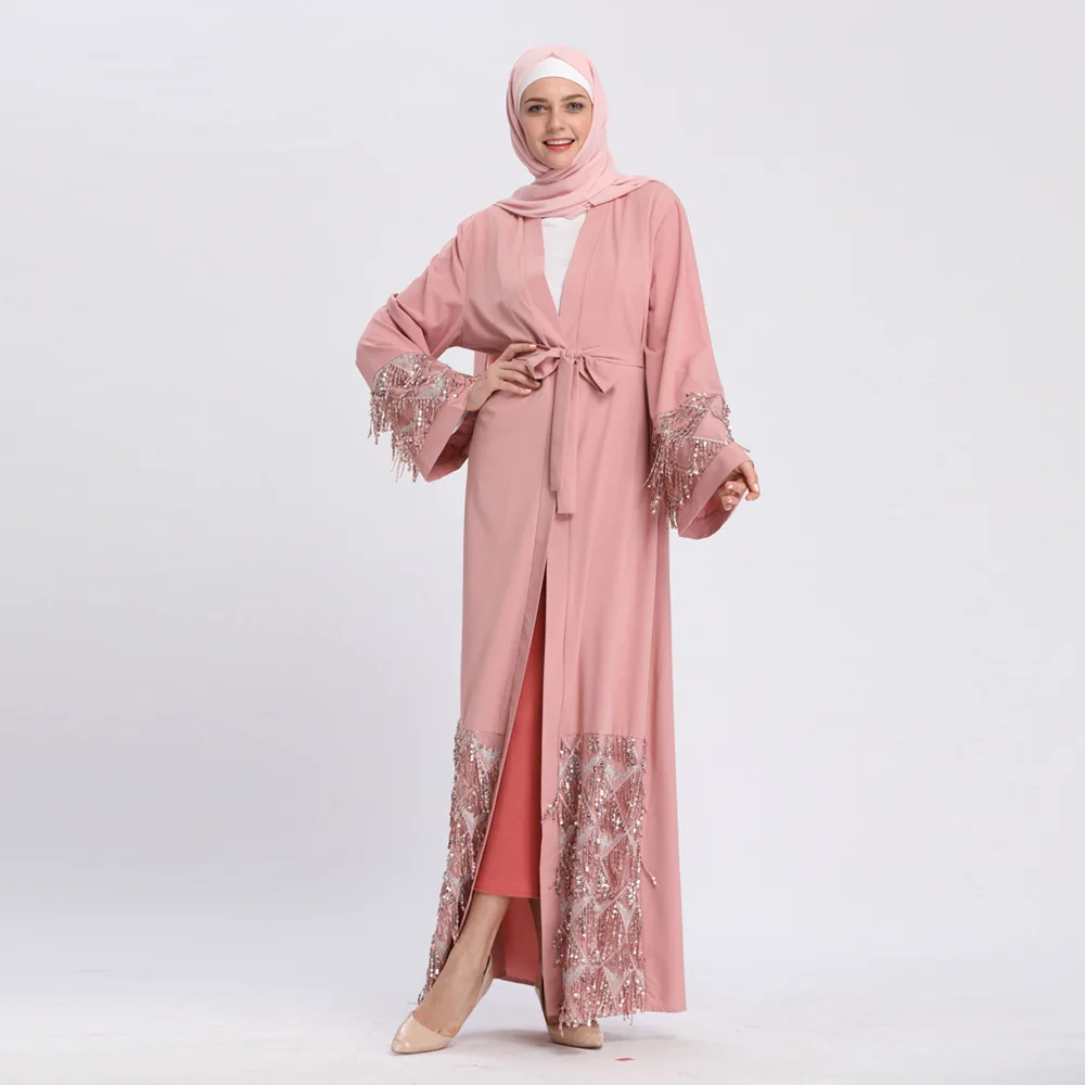 

Dubai Arab Caftan Women Muslim Abaya Dress Sequins Lace-up Islam Robe with Pockets Turkish Kimono Kaftan Jubah Islamic Clothing