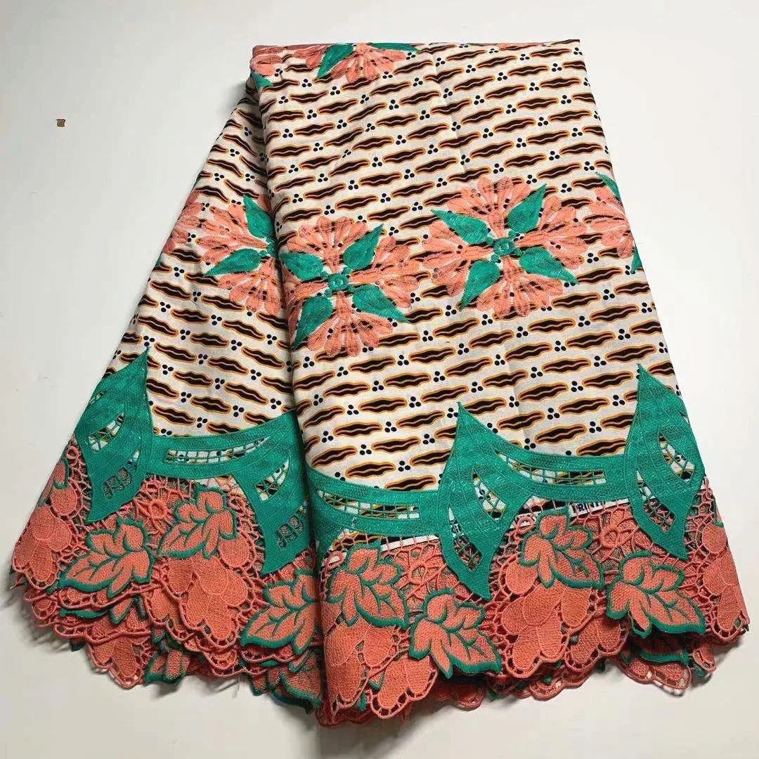 

Hot Sale Guipure Cord Lace Fabric Mix Cotton Ankara Wax Embroidery 6Yards African Wax Guipure With Lace Edge Q702-2