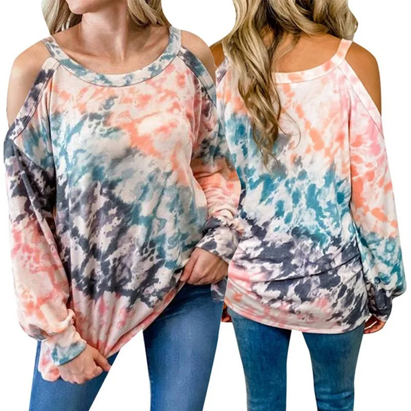 

Ladies European And American Autumn Round Neck Sling Strapless Tie Dye Casual Long Sleeve Top T-shirt