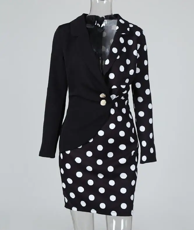 

Dot Print Colorblock Insert Blazer Dress Elegant Contrast Color Striped Insert Patchwork Blazer Office Dress