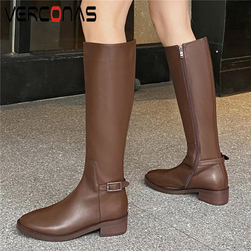 

VERCONAS Concise Genuine Leather Knee-High Boots For Women Low Heels Shoes Woman Autumn Winter Basic Classic Zipper Long Boots