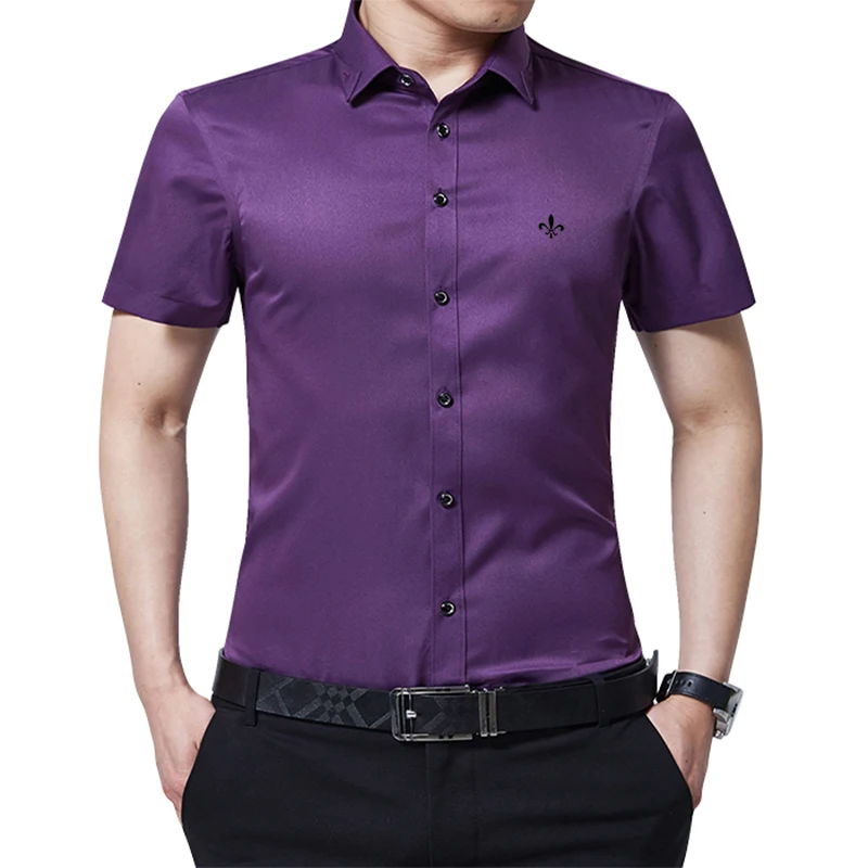 Против морщин и нежелезной вышивки мода Blusa Camisa Social Masculina Dudalina короткий рукав Slim Fit рубашка мужская одежда с цветочным рисунком - Цвет: DCZ2701-PURPLE