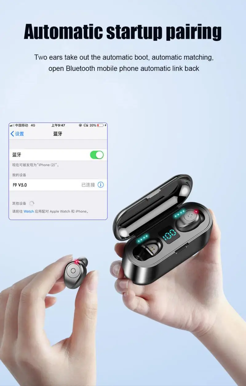 Wireless Earphone Bluetooth 5.0 LED Display F9 TWS Sport Waterproof Headphone Earbud 8D Stereo Headset With Power Bank Dropship
