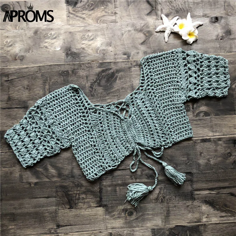 Aproms, сексуальные вязаные топы на шнуровке, вязаные крючком, женская летняя пляжная одежда, бикини, укороченный топ, повседневная Открытая Майка, женские футболки - Цвет: Green