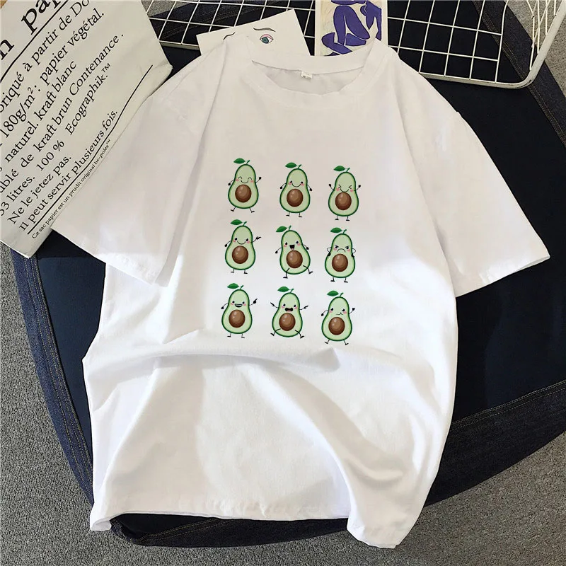 

New Style Avocado Fruit Printed Graphic Funny Female T-shirt Casual White Round Neck Simple Summer Ladies Tshirt
