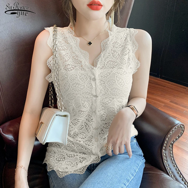 

Summer 2021 New Women Tank Top Lace Tank Sleeveless Tops Cardigan Slim V-neck Sexy Clothes Korean Bottoming Vest Blusas 14479