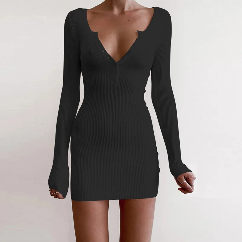 

Черные платья, женские осенние Сексуальные облегающие вечерние платья с v-образным вырезом, повседневные женские мини-платья с длинным рука...