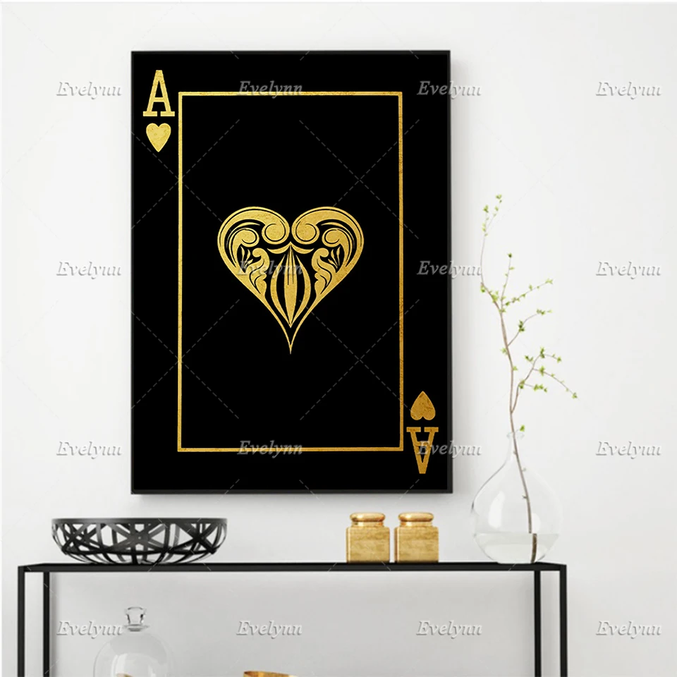 

Modern Abstract Canvas Art Poster-Ace Playing Cards Black & Gold Hd Prints Wall Art Painting Office/Home Decor Floating Frame