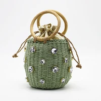 crystal diamond straw bag women new summer rattan ring handle woven circle beach bag ladies barrel shape handbag holiday