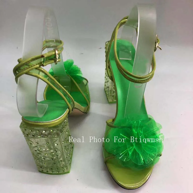 Green Crystal Sandals Women Open Toe Flower Rhinestone Ankle Strap Transparent High Heel Shoes Woman Fashion Wedding Shoes