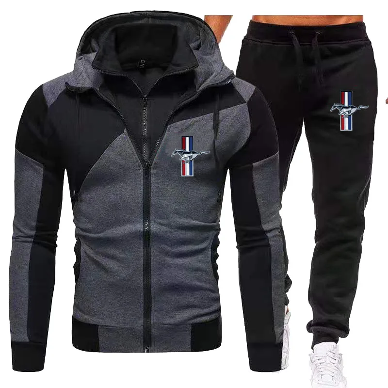 

Casual men's sports 2-piece zipper hoodie + sweatpants printed men's sportswear solid color jogging sports suit