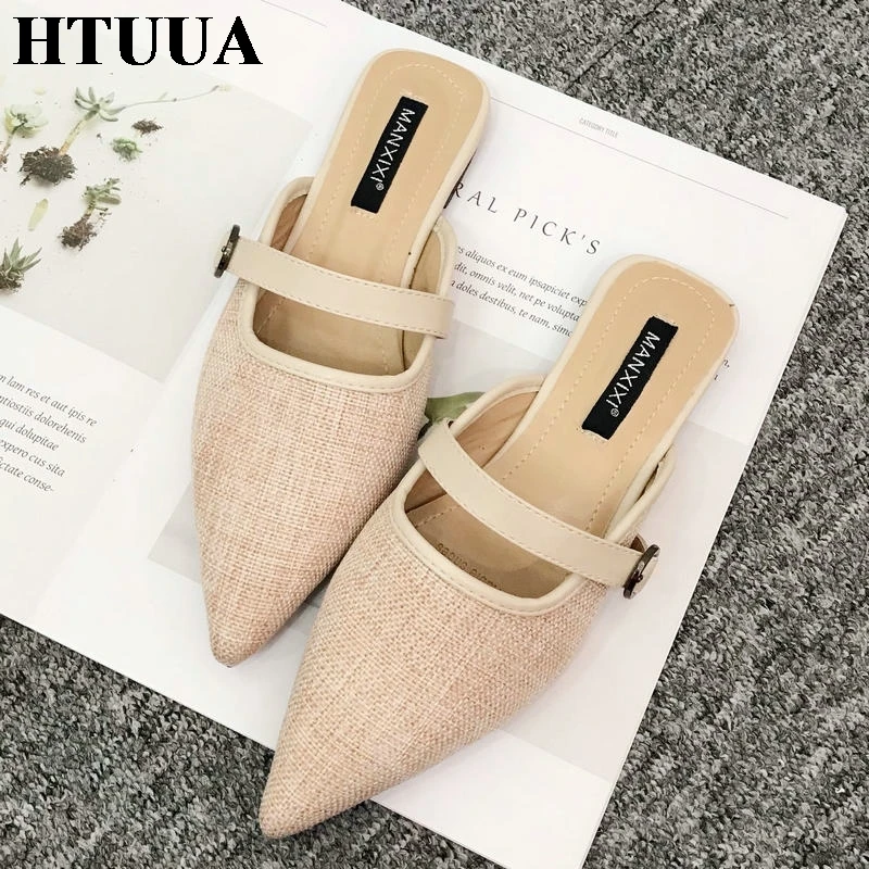 HTUUA/Коллекция года; сезон весна-лето; женские шлепанцы; повседневные туфли на плоской подошве с острым носком и пряжкой; пляжные шлепанцы; SX1966
