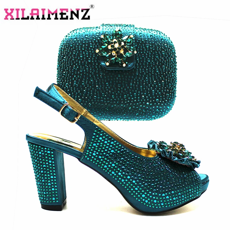 

New Arrivals Party Shoes and Bag Set For Wedding Shinning Crystal in Teal Color in Heels Nigerian Women Summer for Working